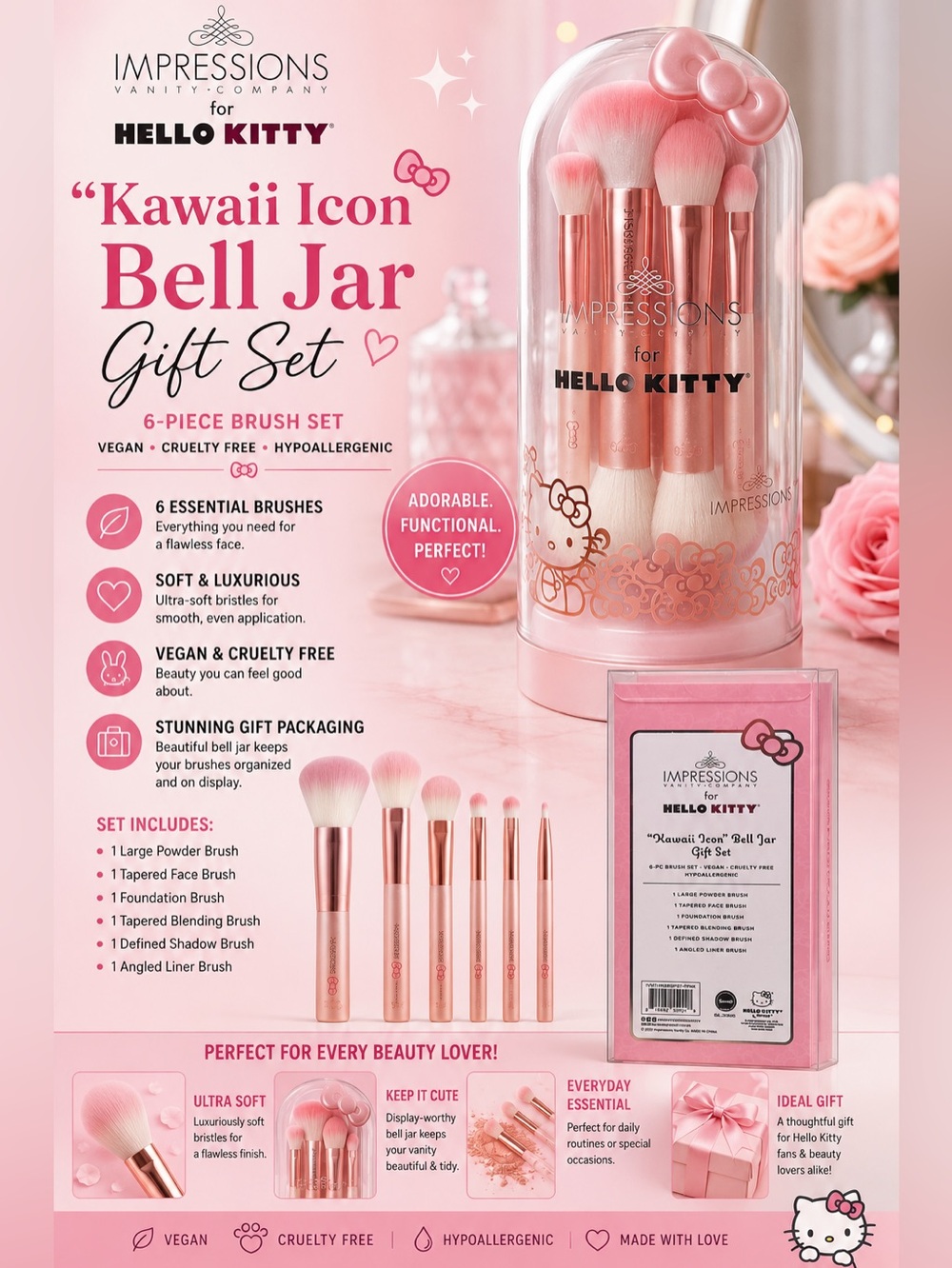Hello Kitty Pink Kawaii Bell Jar Brush Set